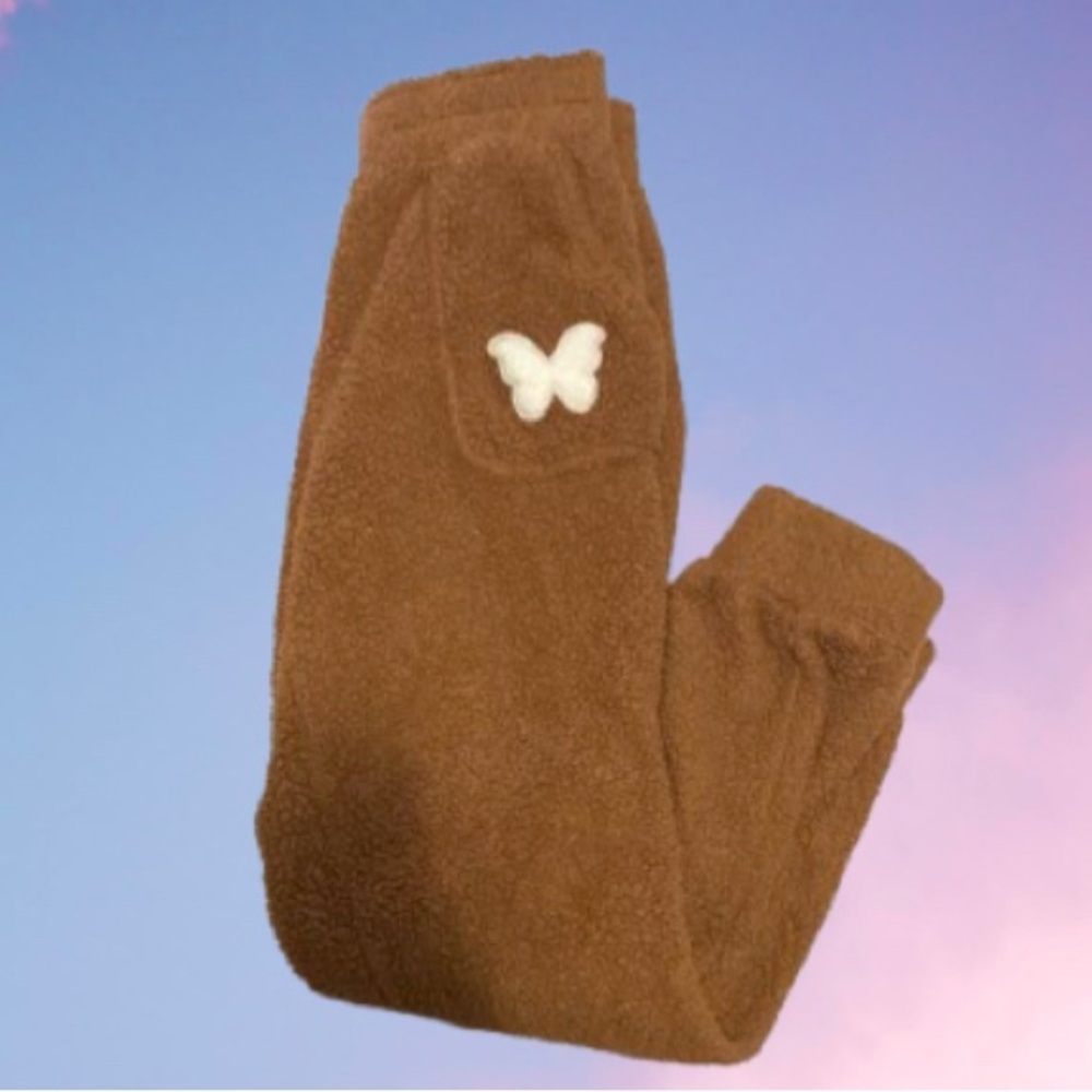 Cozy Brown Fleece Pants with Butterfly Patch